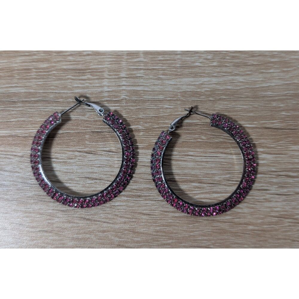 Pink Rhinestone Hoop Earrings Sparkly Silver Tone 2" Round Fashion Jewelry